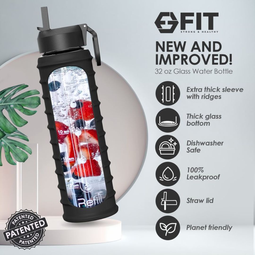 32 oz Glass Water Bottle with Time Marker and Extra Lid (Black Ribbed Sleeve)