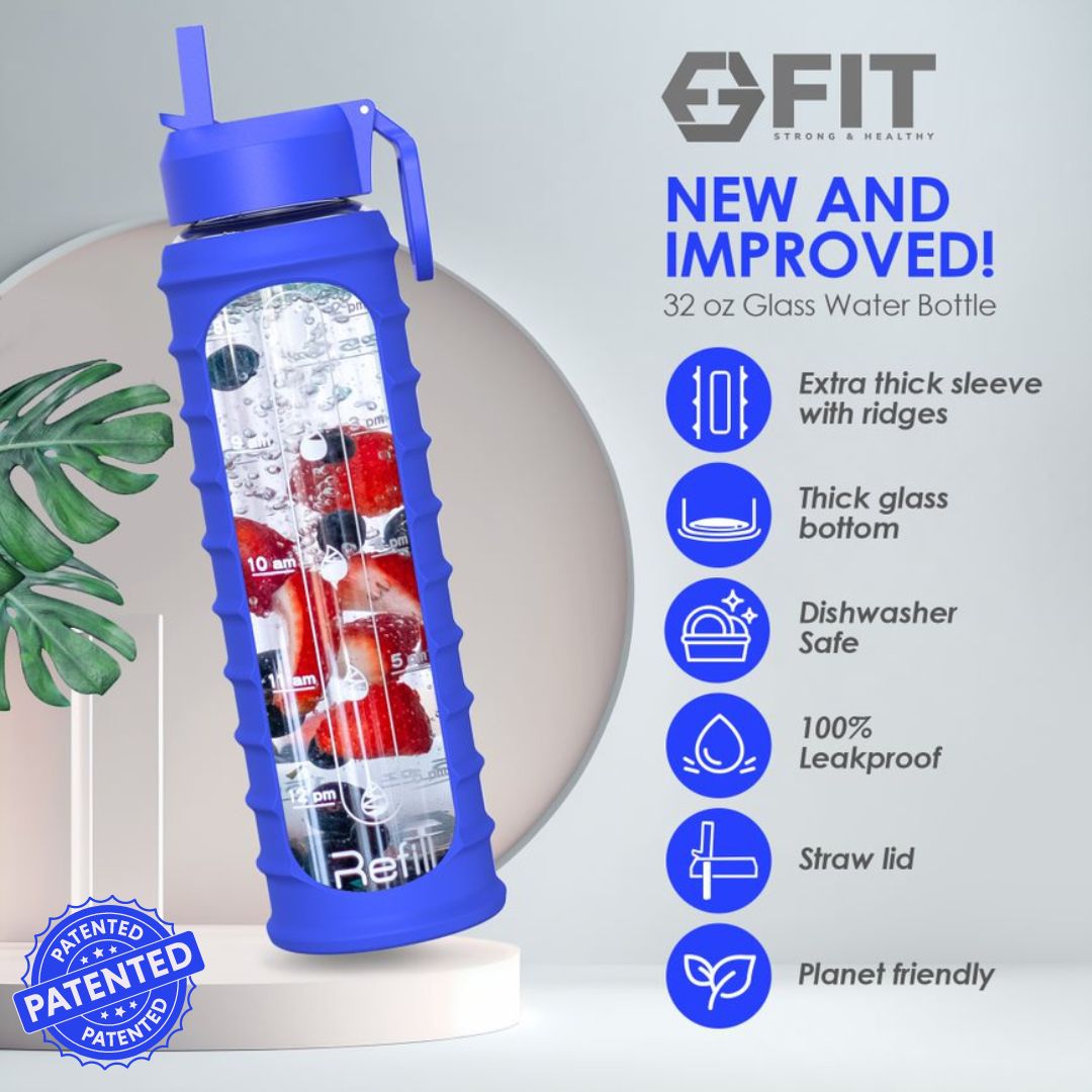 32 oz Glass Water Bottle with Time Marker and Extra Lid (Royal Blue Ribbed Sleeve)