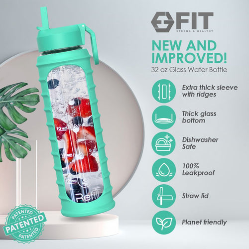 32 oz Glass Water Bottle with Straw Lid, Time Marker, Silicone Sleeve & Extra Lid (Seafoam Ribbed Sleeve)