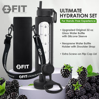 32 oz Glass Water Bottle with Time Marker, Extra Lid & Carrier (Black, Black Carrier)