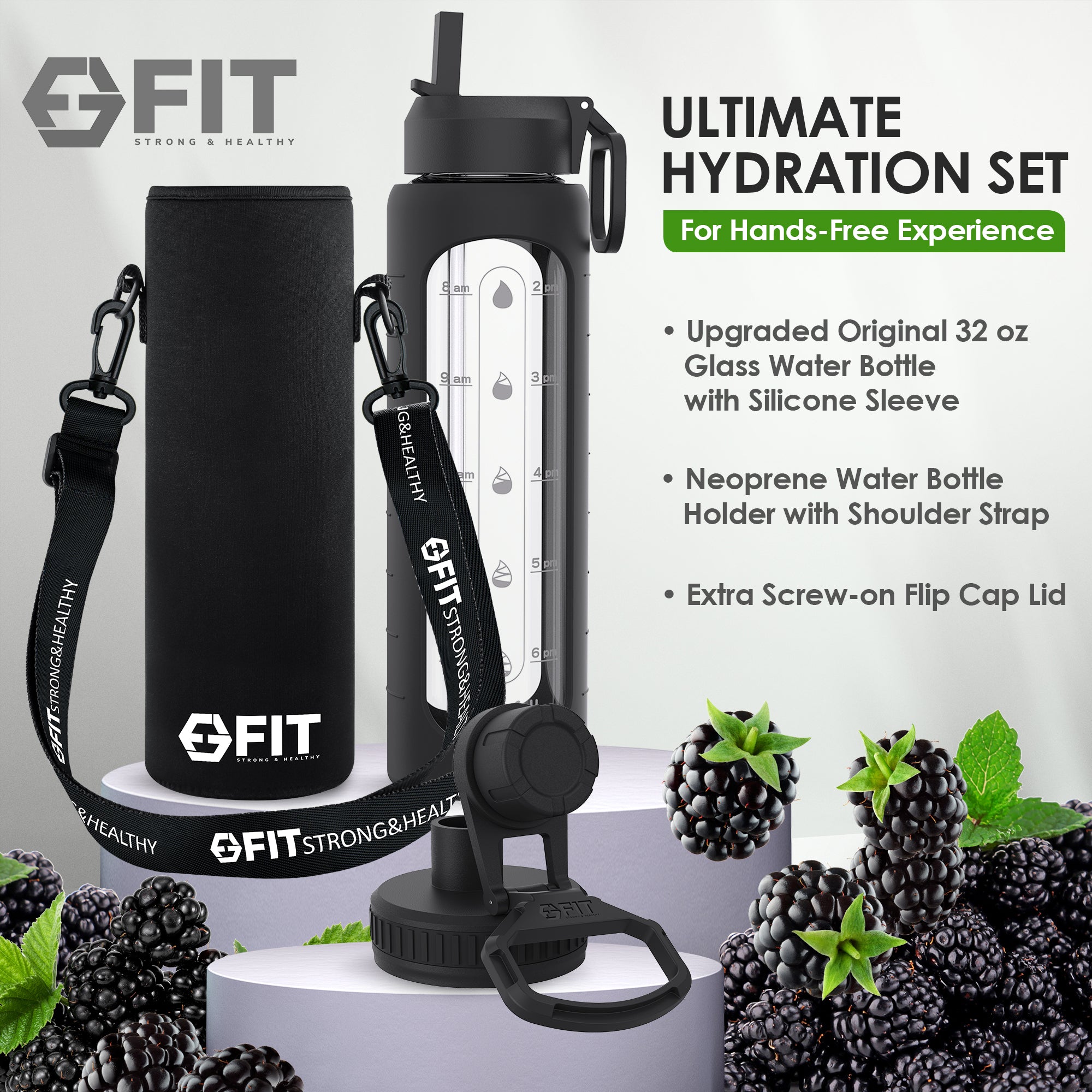 32 oz Glass Water Bottle with Time Marker, Extra Lid & Carrier (Black, Black Carrier)
