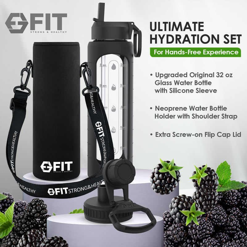 32 oz Glass Water Bottle with Time Marker and Water Bottle Holder With Strap - EXTRA LID, Reusable, Wide Mouth (Black Sleeve, Black Carrier)