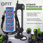32 oz Glass Water Bottle with Straw Lid, Time Marker, Sleeve, Extra Lid & Water Bottle Holder with Strap (Black, Black Waves Carrier)