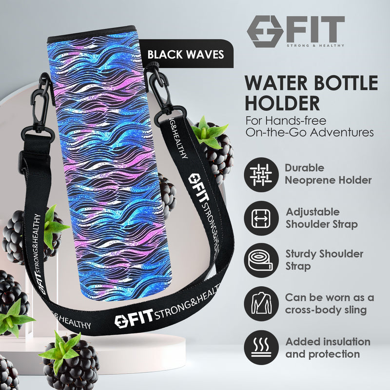 32 oz Glass Water Bottle with Time Marker and Water Bottle Holder With Strap - EXTRA LID, Reusable, Wide Mouth (Black Sleeve, Black Waves Carrier)