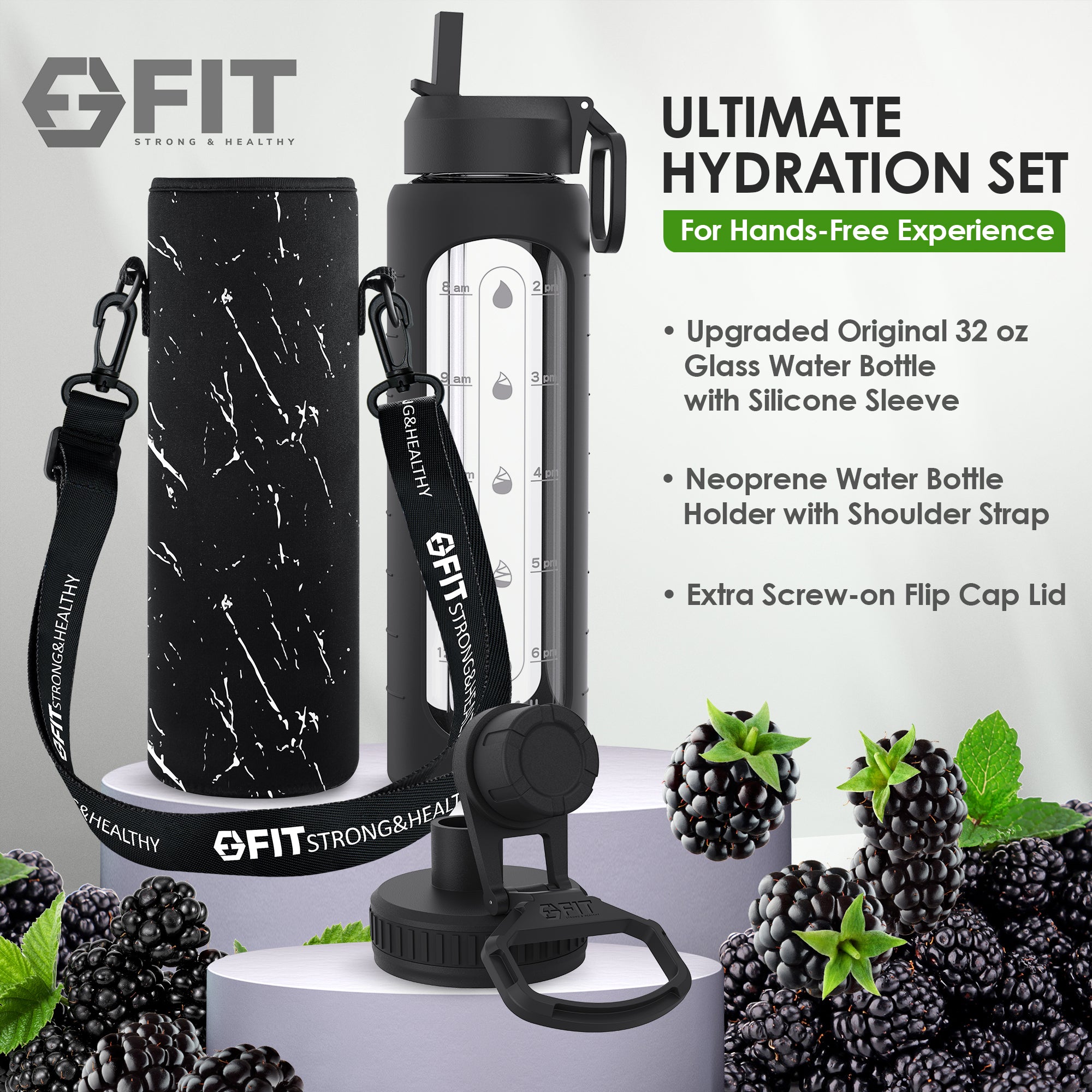 32 oz Glass Water Bottle with Time Marker, Extra Lid & Carrier (Black, White Marble Carrier)