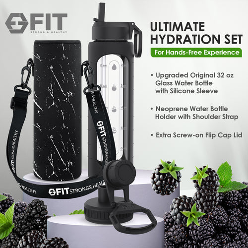 32 oz Glass Water Bottle with Straw Lid, Time Marker, Sleeve, Extra Lid & Water Bottle Holder with Strap (Black, White Marble Carrier)