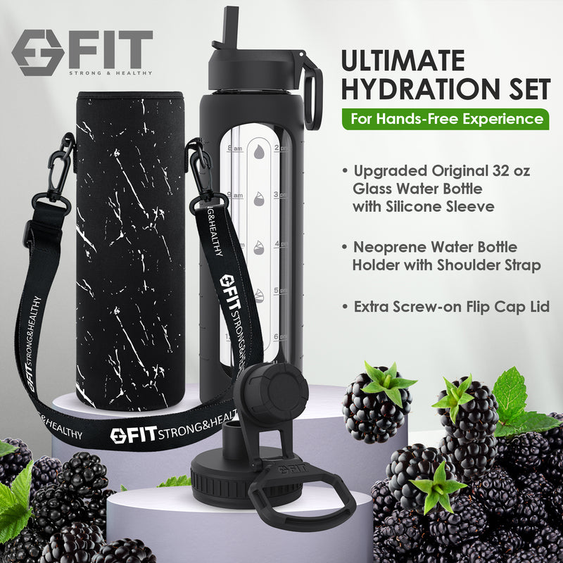 32 oz Glass Water Bottle with Time Marker and Water Bottle Holder With Strap - EXTRA LID, Reusable, Wide Mouth (Black Sleeve, White Marble Carrier)