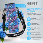 32 oz Glass Water Bottle with Time Marker and Water Bottle Holder With Strap - EXTRA LID, Reusable, Wide Mouth (Blue Sleeve, Black Waves Carrier)