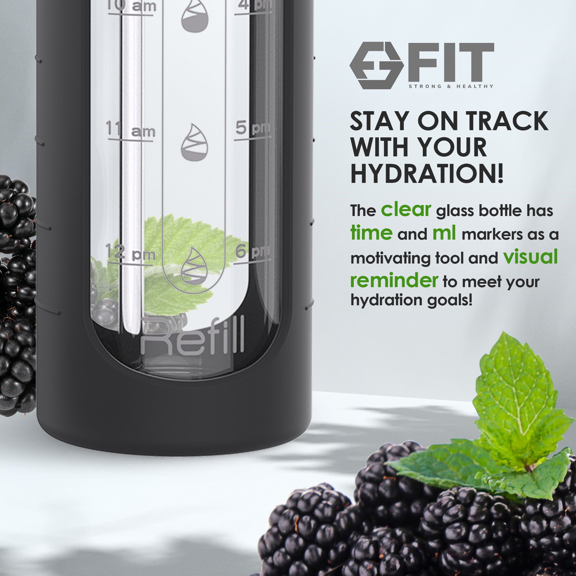32 oz Glass Water Bottle with Time Marker, Extra Lid & Carrier (Black, White Marble Carrier)
