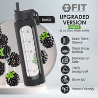 32 oz Glass Water Bottle with Time Marker, Extra Lid & Carrier (Black, White Marble Carrier)