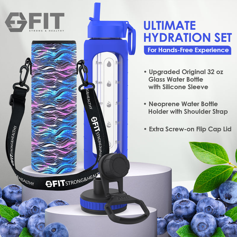 32 oz Glass Water Bottle with Time Marker and Water Bottle Holder
