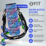 32 oz Glass Water Bottle with Time Marker and Water Bottle Holder With Strap - EXTRA LID, Reusable, Wide Mouth (Royal Blue, Black Waves Carrier)