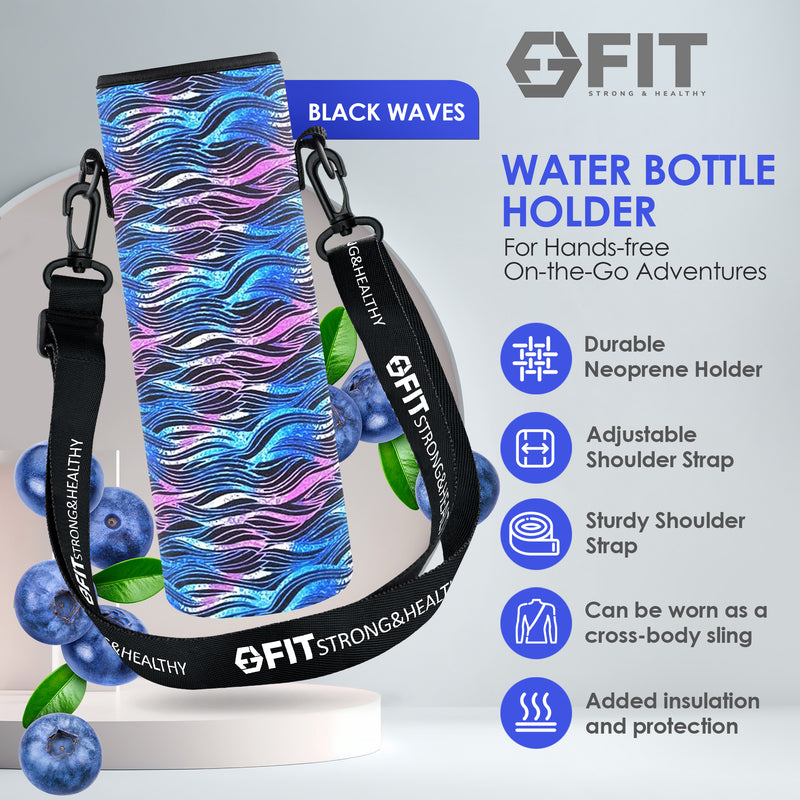 32 oz Glass Water Bottle with Straw Lid, Time Marker, Sleeve, Extra Lid & Water Bottle Holder with Strap (Royal Blue, Black Waves Carrier)