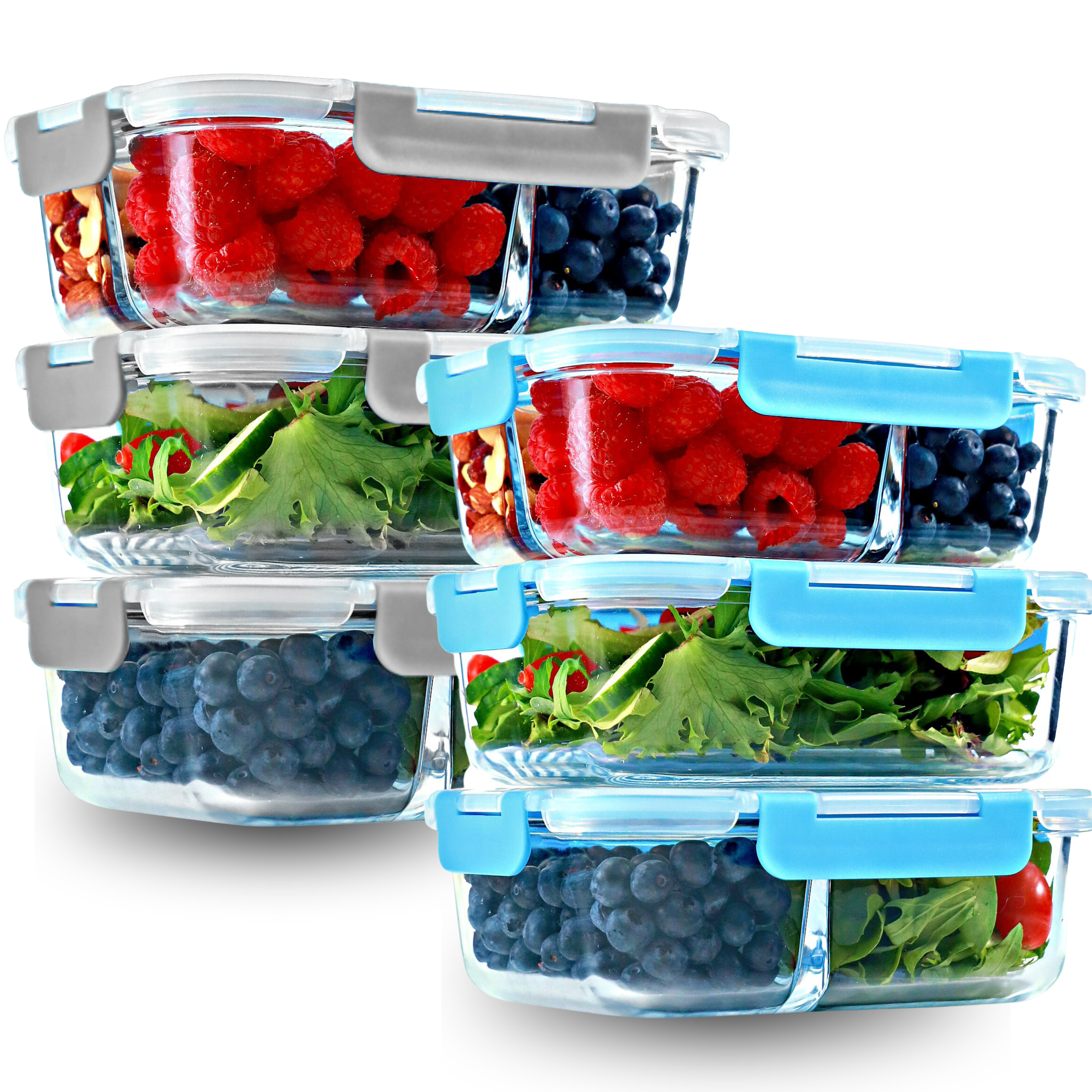 Glass Meal Prep Containers – 6-Pack (3-Pack 1, 2 & 3 Compartment, 35 oz with Gray Lids + 3-Pack 1, 2 & 3 Compartment, 35 oz with Blue Lids), Portion Control, Microwave & Oven Safe