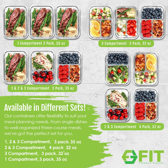 1 & 2 & 3 Compartment Glass Meal Prep Containers with BLUE Lids (3 Pack, 35 oz)