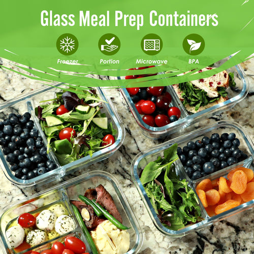 2 & 3 Compartment Glass Meal Prep Containers with GRAY Lids (4 Pack, 32 oz)