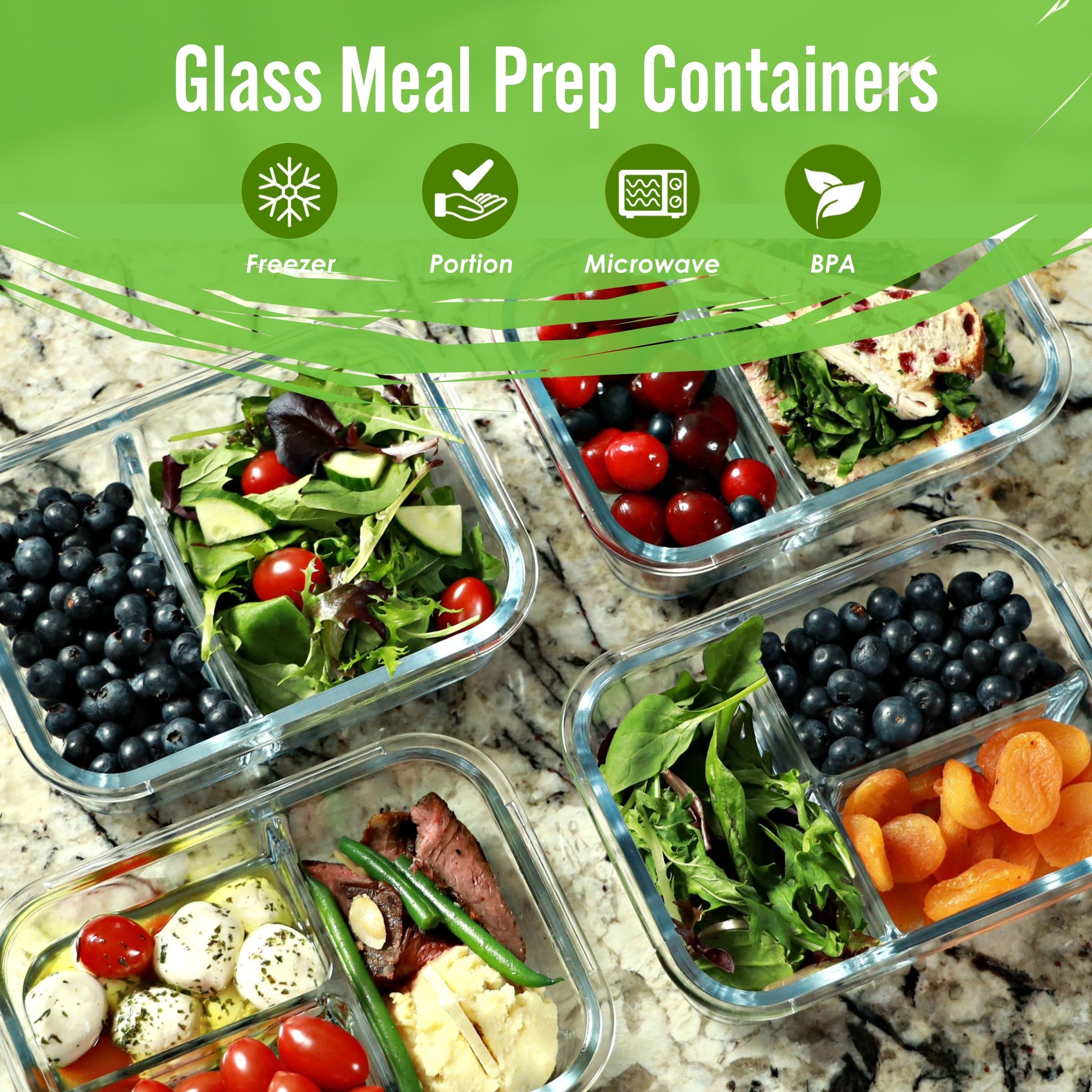2 & 3 Compartment Glass Meal Prep Containers with BLACK Lids (4 Pack, 32 oz)