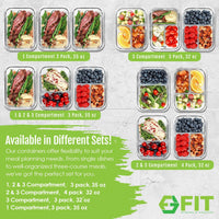 2 & 3 Compartment Glass Meal Prep Containers with BLACK Lids (4 Pack, 32 oz)