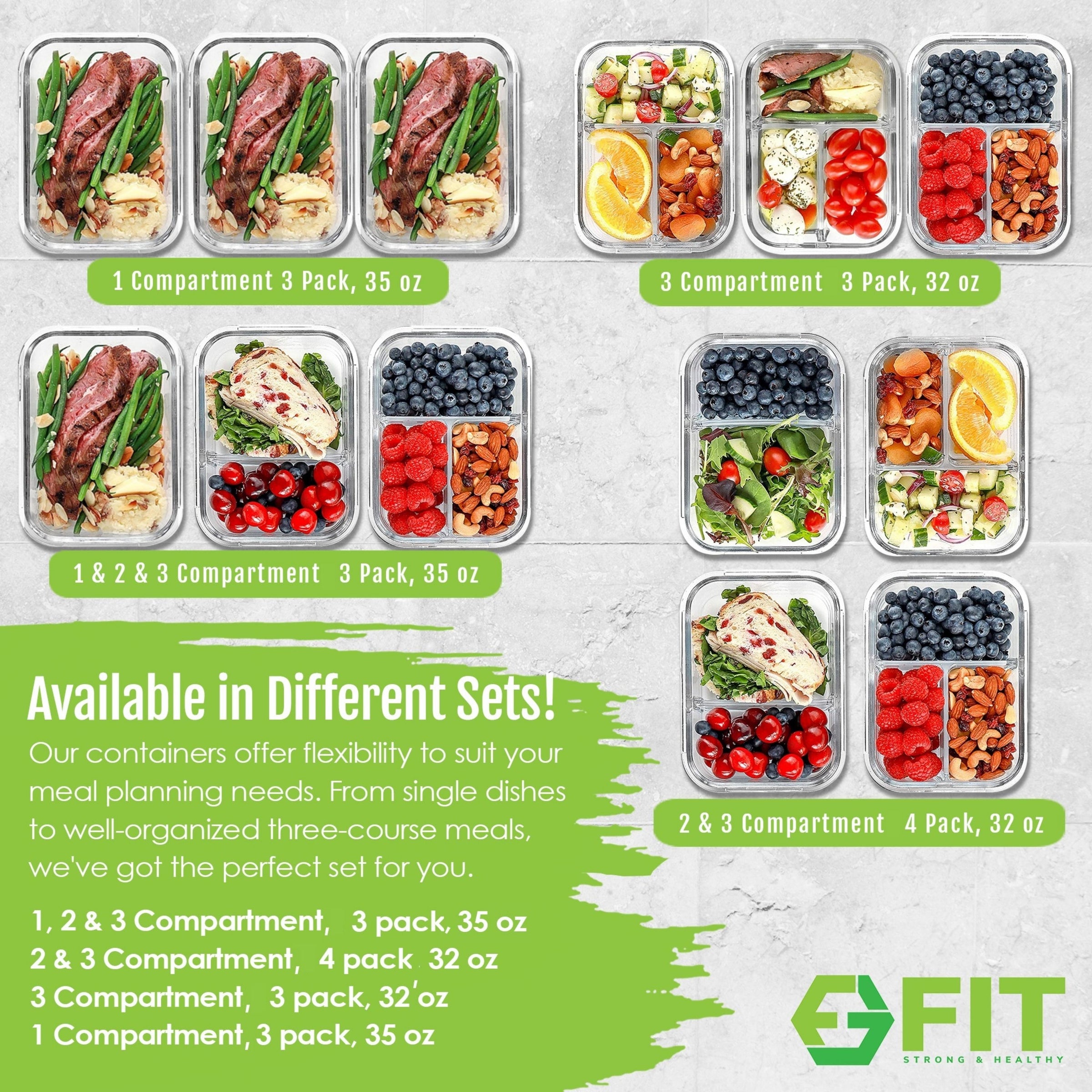 2 & 3 Compartment Glass Meal Prep Containers with GRAY Lids (4 Pack, 32 oz)