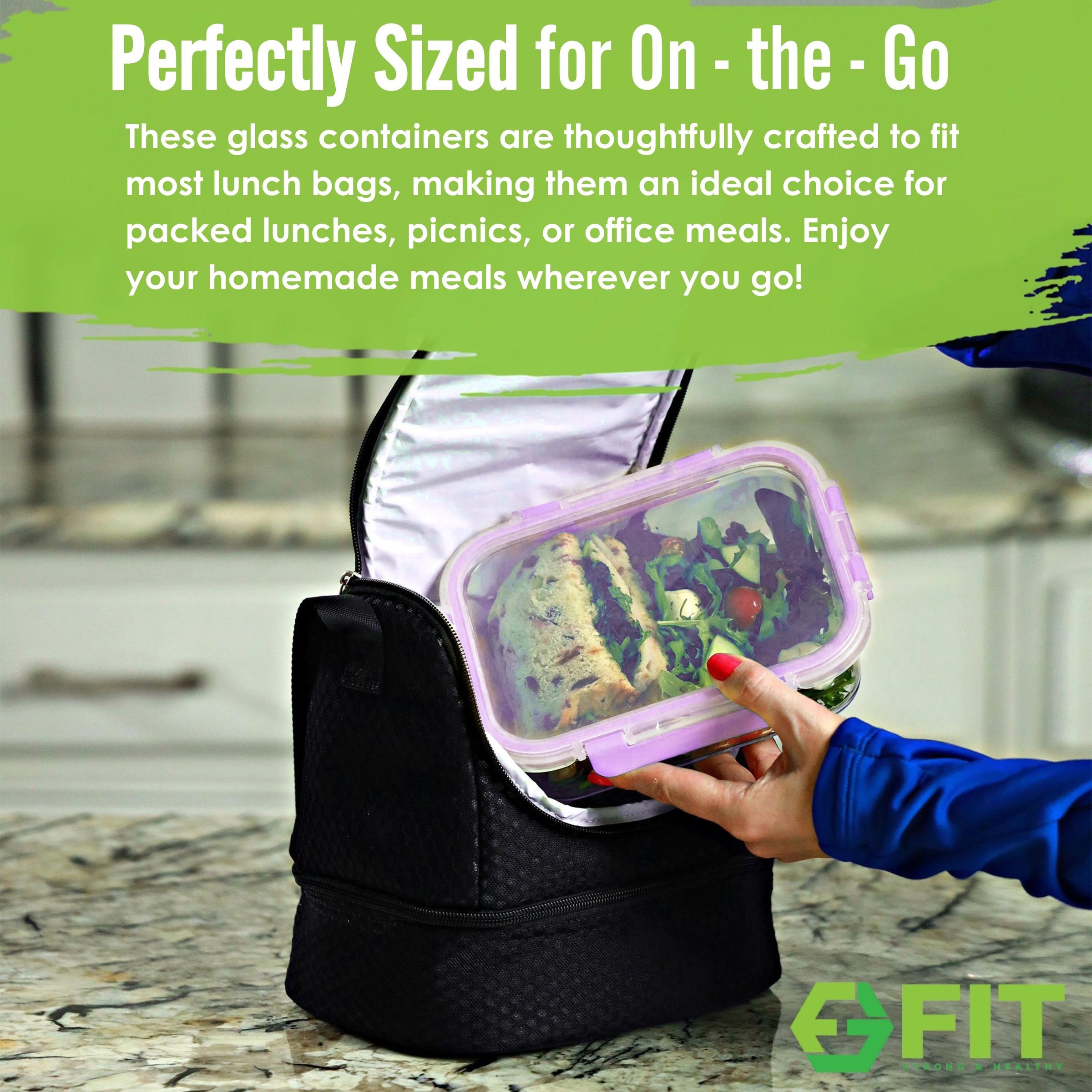 2 & 3 Compartment Glass Meal Prep Containers with LAVENDER Lids (4 Pack, 32 oz)