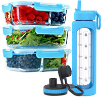 1, 2 & 3 Compartment Glass Meal Prep Containers with BLUE Lids (3 Pack, 35 oz) and 32 oz Glass Water Bottle with Time Marker (Blue) Bundle