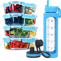 2 & 3 Compartment Glass Meal Prep Containers with BLUE Lids (4 Pack, 32 oz) and 32 oz Glass Water Bottle with Time Marker (Blue) Bundle