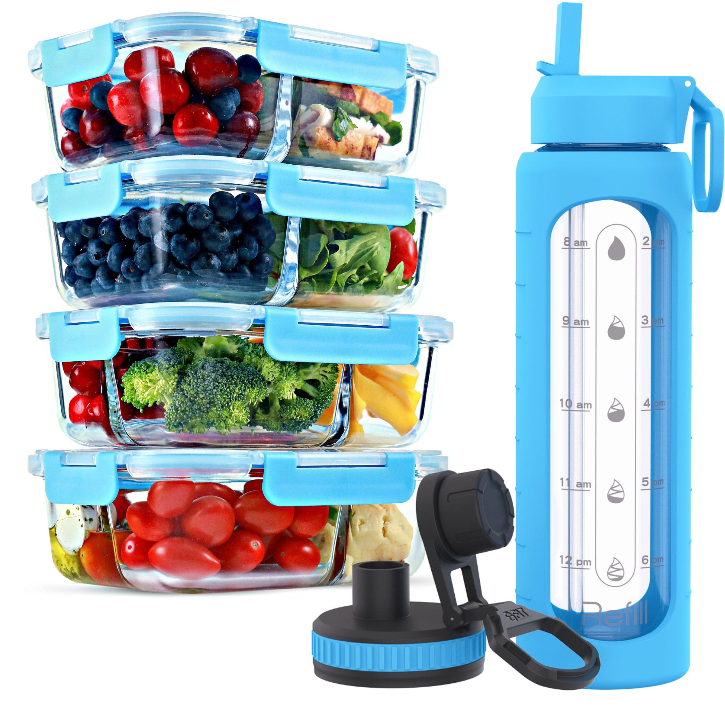 2 & 3 Compartment Glass Meal Prep Containers with BLUE Lids (4 Pack, 32 oz) and 32 oz Glass Water Bottle with Time Marker (Blue) Bundle