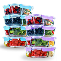 Glass Meal Prep Containers 2 & 3 Compartment - 8-Pack (4-Pack with Blue Lids and 4-Pack with Lavender Lids), 32 oz Glass Food Storage Containers, Portion Control, Microwave Safe