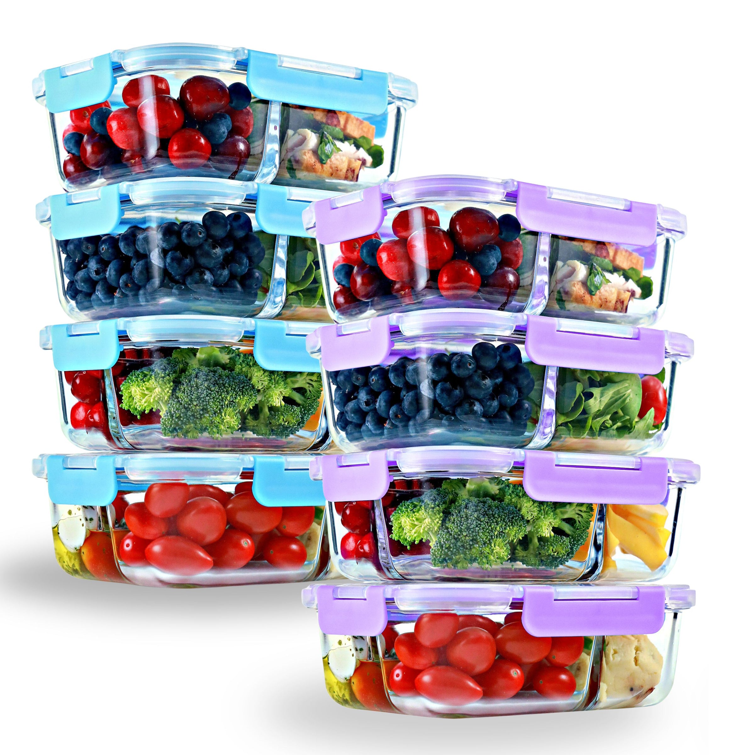 Glass Meal Prep Containers 2 & 3 Compartment - 8-Pack (4-Pack with Blue Lids and 4-Pack with Lavender Lids), 32 oz Glass Food Storage Containers, Portion Control, Microwave Safe