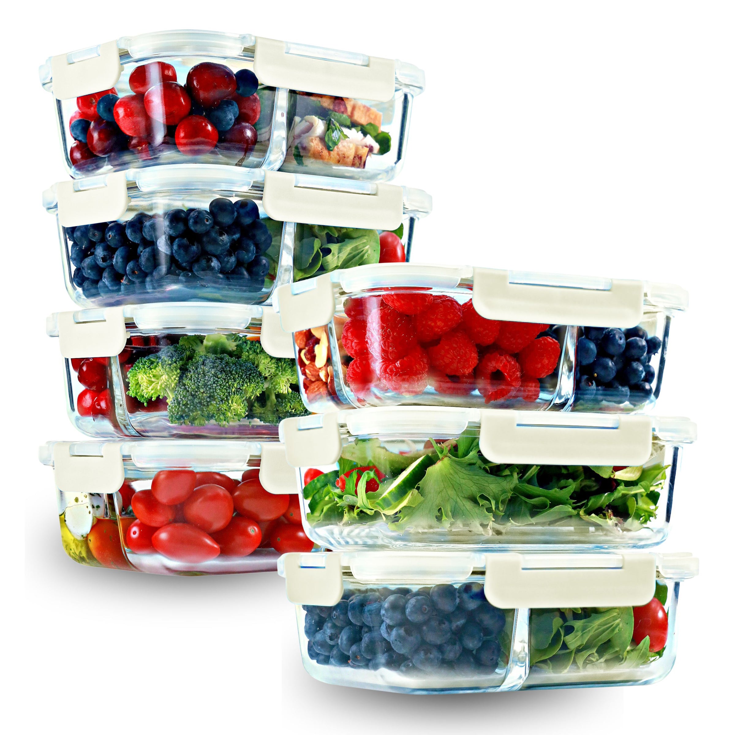 Glass Meal Prep Containers – 7-Pack (4-Pack 2 & 3 Compartments, 32 oz, Beige + 3-Pack 1, 2 & 3 Compartments, 35 oz, Beige), Portion Control, Leak-Proof, Oven Safe, Food Storage
