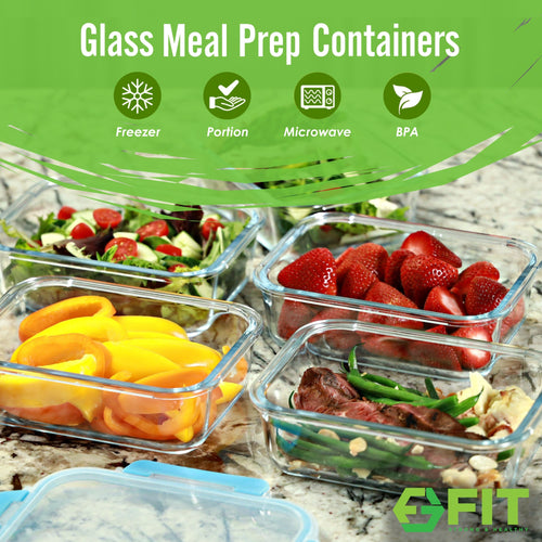 1 Compartment Glass Meal Prep Containers with BLUE Lids (3 Pack, 35 oz) and 32 oz Glass Water Bottle with Straw Lid, Time Marker, Sleeve & Extra Lid Bundle