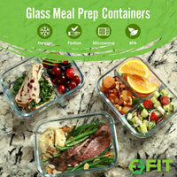 1, 2 & 3 Compartment Glass Meal Prep Containers with BLACK Lids (4 Pack, 35 oz) and 32 oz Glass Water Bottle with Time Marker & Carrier (Black, White Marble Carrier) Bundle