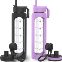 32 oz Glass Water Bottle with Straw Lid – 2-Pack 1L Large Motivational Wide Mouth Borosilicate Glass Water Bottles with Time Marker & Extra Lid – Lavender & Black Silicone Sleeve