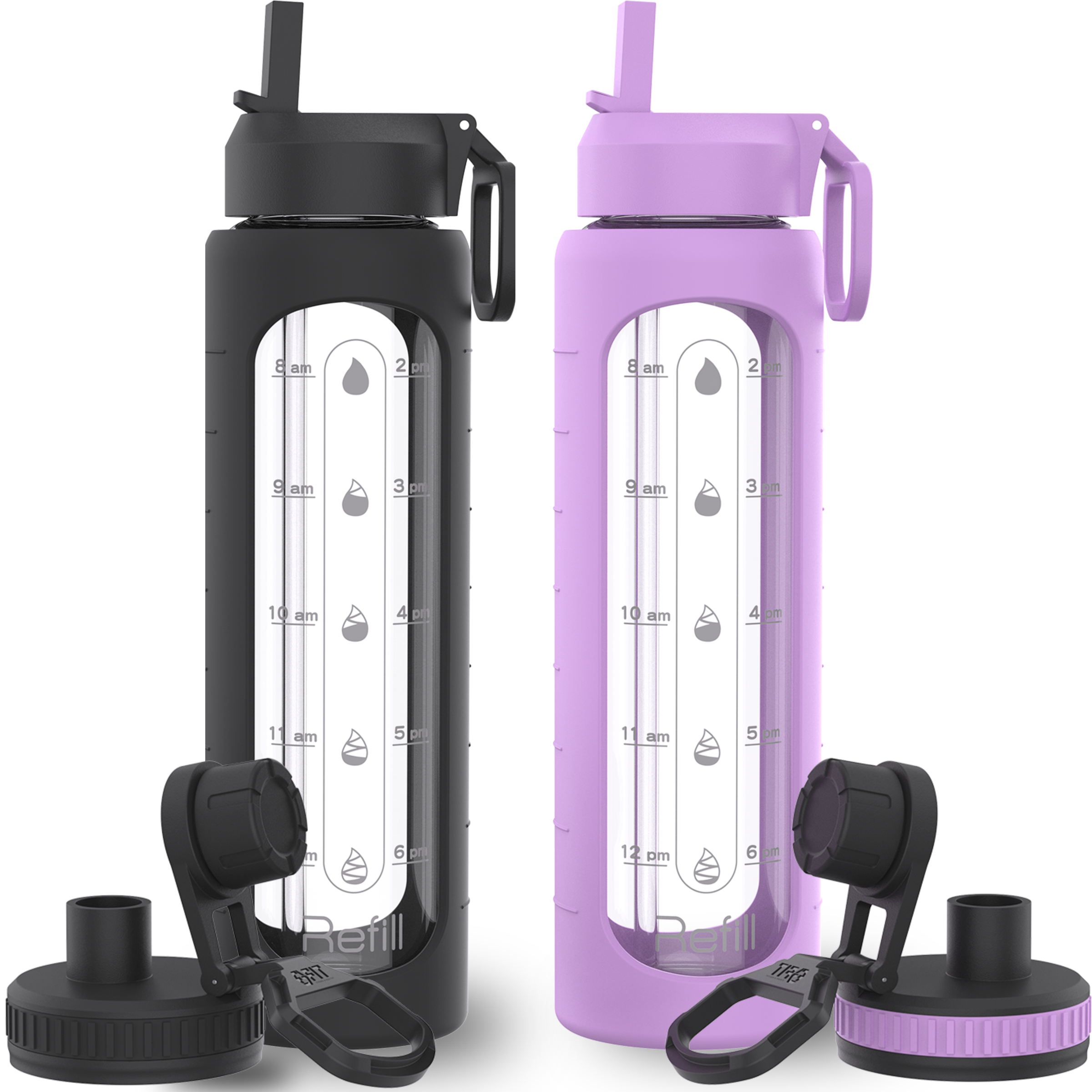 32 oz Glass Water Bottle with Straw Lid – 2-Pack 1L Large Motivational Wide Mouth Borosilicate Glass Water Bottles with Time Marker & Extra Lid – Lavender & Black Silicone Sleeve