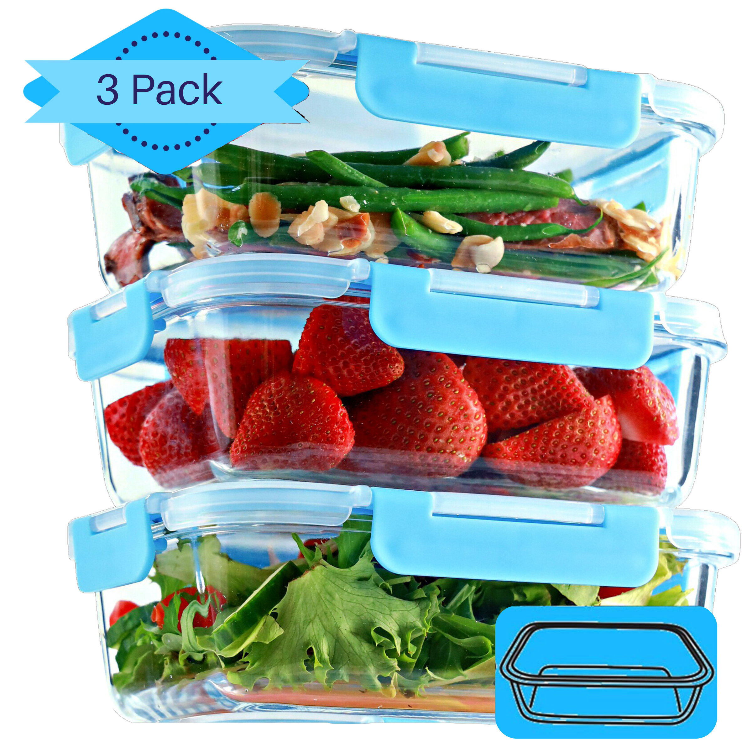 1 Compartment Glass Meal Prep Containers (3 Pack, 35 oz) - Glass