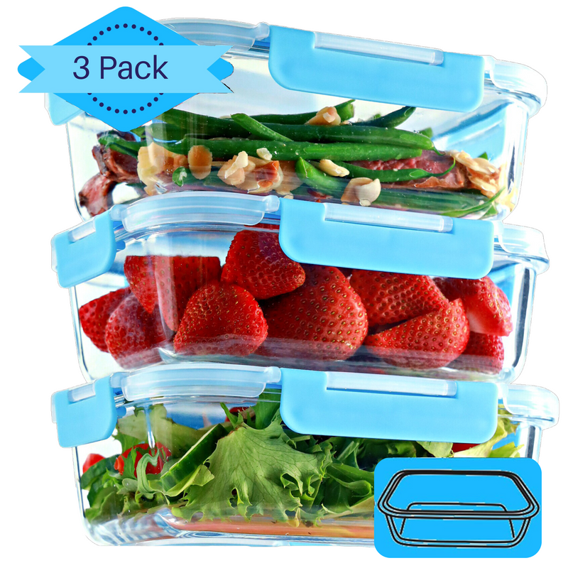 1 Compartment Glass Meal Prep Containers (3 Pack, 35 oz) - Glass Food Storage Containers with Lids, Glass Lunch Box Containers, Portion Control, Airtight