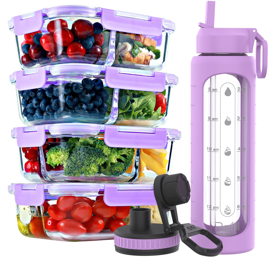 2 & 3 Compartment Glass Meal Prep Containers with LAVENDER Lids (4 Pack, 32 oz) and 32 oz Glass Water Bottle with Straw Lid, Time Marker, Sleeve & Extra Lid Bundle