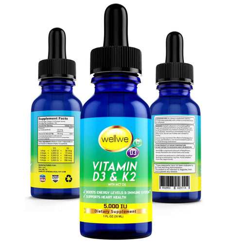 WellWe Liquid Vitamin D3 with K2 5000 IU that contains MCT oil and comes in a liquid form with a dropper. WellWe Vitamin D3 K2 are for adults and kids drops to Boost Energy Levels, Mood, and Immune System.