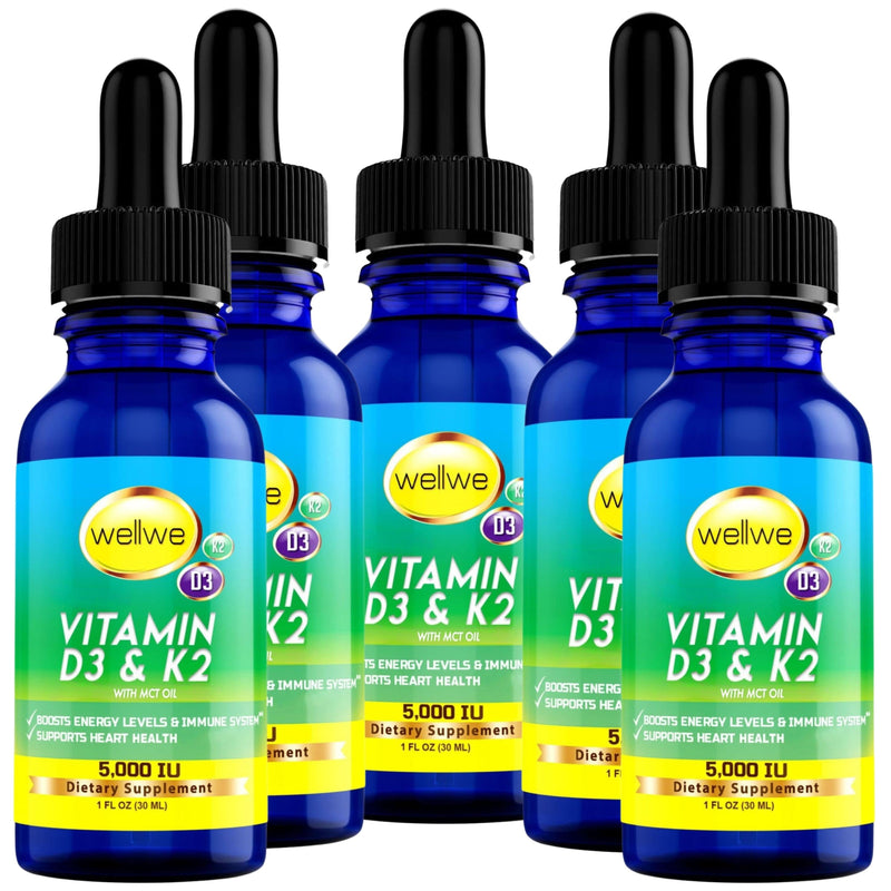 WellWe Liquid Vitamin D3 with K2 5000 IU that contains MCT oil and comes in a liquid form with a dropper. WellWe Vitamin D3 K2 are for adults and kids drops to Boost Energy Levels, Mood, and Immune System.