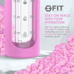 32 oz Glass Water Bottle with Time Marker Reminder, Removable Silicone Sleeve and EXTRA LID (SUGAR PLUM)
