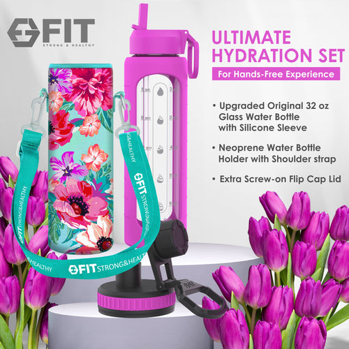 32 oz Glass Water Bottle with Straw Lid, Time Marker, Sleeve, Extra Lid & Water Bottle Holder with Strap (Purple, Floral Carrier)