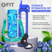 32 oz Glass Water Bottle with Time Marker, Extra Lid & Carrier (Royal Blue, Blue Marble Carrier)