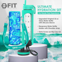 32 oz Glass Water Bottle with Time Marker, Extra Lid & Carrier (Seafoam, Blue Marble Carrier)