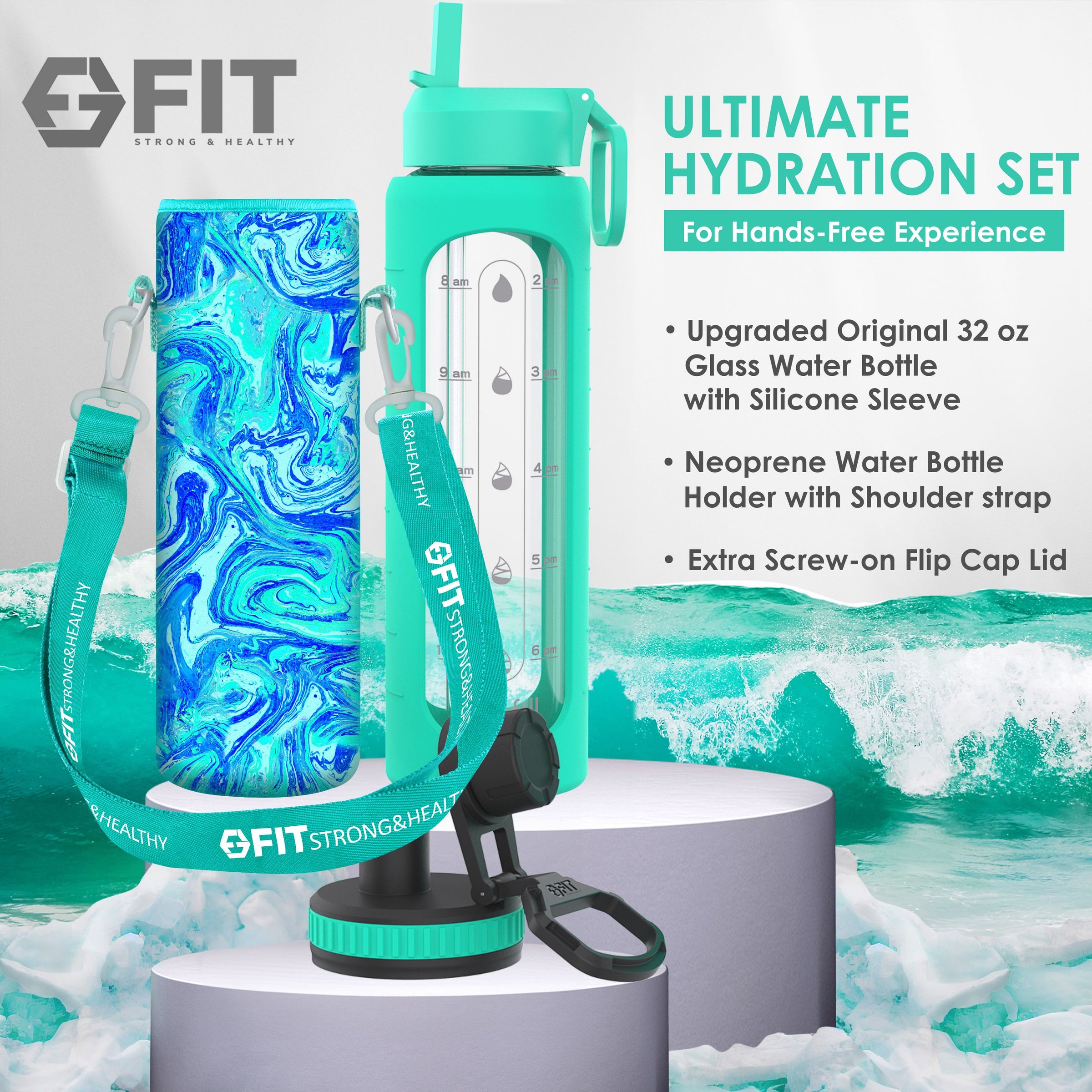 32 oz Glass Water Bottle with Time Marker, Extra Lid & Carrier (Seafoam, Blue Marble Carrier)