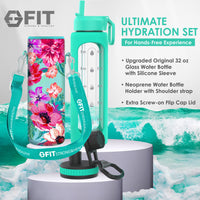 32 oz Glass Water Bottle with Time Marker, Extra Lid & Carrier (Seafoam, Floral Carrier)