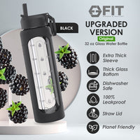 32 oz Glass Water Bottle with Time Marker and Extra Lid (Black Sleeve)
