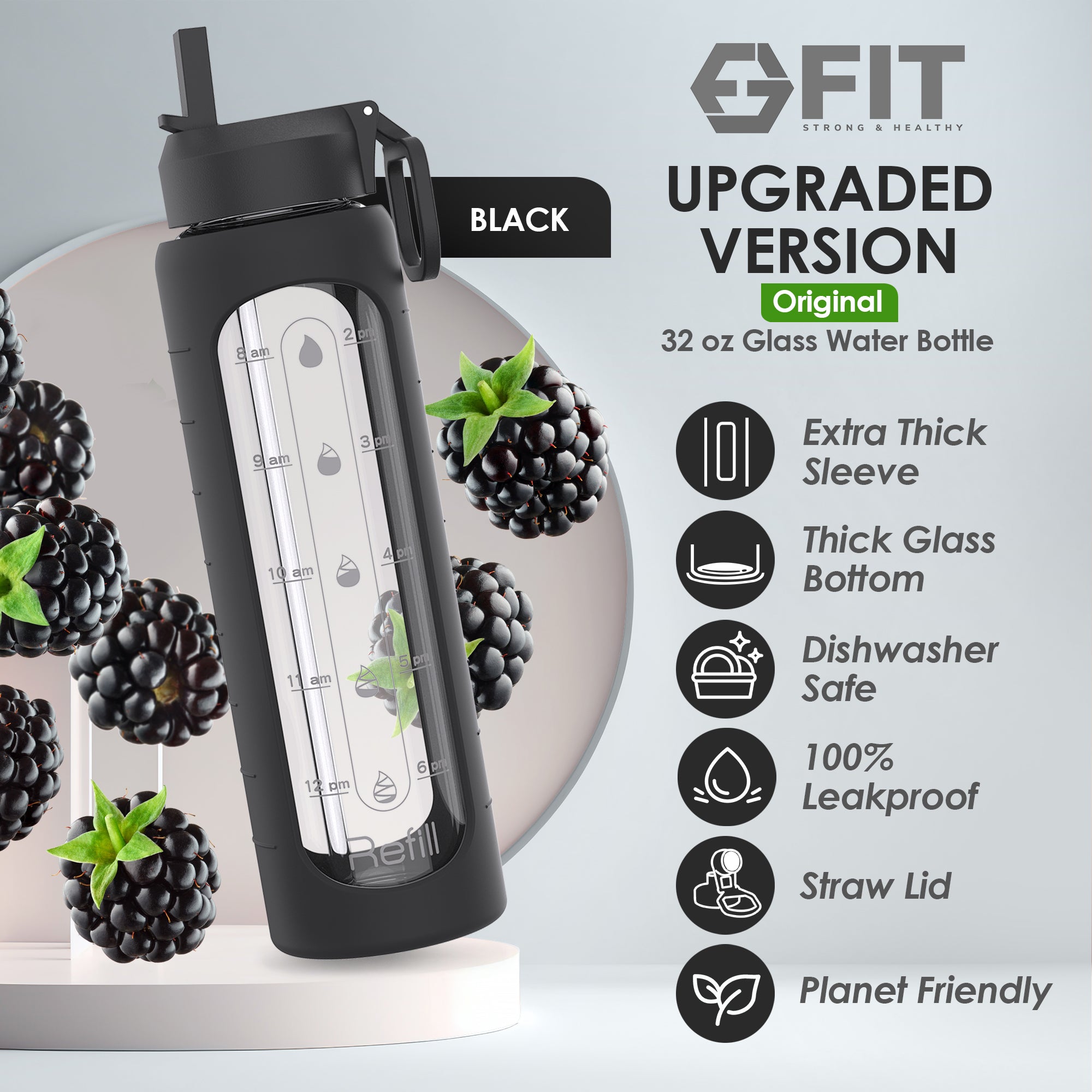 2 & 3 Compartment Glass Meal Prep Containers with BLACK Lids (4 Pack, 32 oz) and 32 oz Glass Water Bottle with Time Marker (Black) Bundle