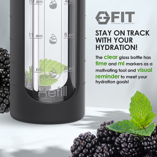 32 oz Glass Water Bottle with Time Marker and Brush (Black Sleeve, with Brush)