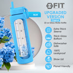 1 Compartment Glass Meal Prep Containers with BLUE Lids (3 Pack, 35 oz) and 32 oz Glass Water Bottle with Straw Lid, Time Marker, Sleeve & Extra Lid Bundle