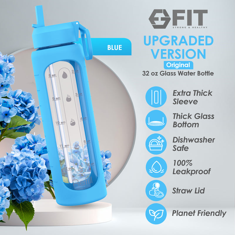 1 Compartment Glass Meal Prep Containers with BLUE Lids (3 Pack, 35 oz) and 32 oz Glass Water Bottle with Straw Lid, Time Marker, Sleeve & Extra Lid Bundle